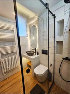 a bathroom with a toilet and a sink and a mirror at Ethereal Residences Nafplio 4 in Nafplio +2 photos