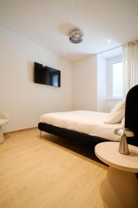 a bedroom with a bed and a tv on the wall at Garden Studio Double Suite - Bernina Experience in Tirano
