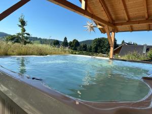a pool of water under a wooden roof at Ferienchalet Sophie in Patersdorf