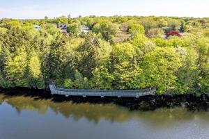 an aerial view of a lake with trees and a dock at OatHillLakeSide suit in Halifax