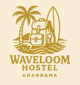 a logo for a beach with a surfboard and palm trees at Wave Loom Hostel Ahangama in Ahangama