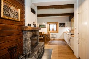a kitchen and a living room with a fireplace at Cosy Cottage in Vyšná Boca in Liptovská Sielnica