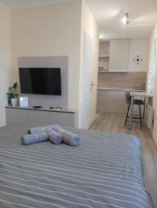 a bedroom with a bed with blue pillows on it at Apartman Slađa in Novi Sad