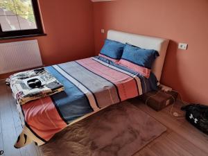 a bedroom with a large bed with blue pillows at Door'In in Bacău
