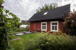 a small red house with a yard with a yard at Small House in Trakai Oldtown 1-6 sleeping places in Trakai +23 photos