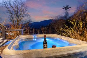 a hot tub with a bottle of wine in it at Ober Lux Chalet in Gatlinburg
