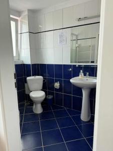 a blue and white bathroom with a toilet and sink at Hotel City Center in Braşov