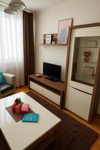 a living room with a coffee table and a television at Apartman Bloom in Sarajevo