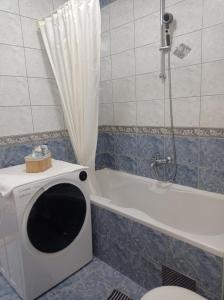 a washing machine in a bathroom next to a bath tub at Central Residence Banja Luka Spacious Apartment with Private Parking in Banja Luka