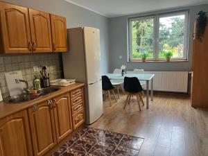 a kitchen with a refrigerator and a table with chairs at Apartament Gajewniki in Gajewniki