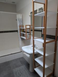 une salle de bain avec un lavabo, des toilettes et des étagères dans l'établissement T2 tout confort, cité, parking, à Carcassonne
