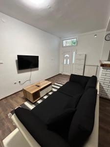 Una sala de estar con un sofá negro y un televisor de pantalla plana. en Apartman FIKA, en Prijepolje