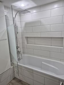 a white bathroom with a shower and a tub at Arbre de Vie in Amnéville +4 photos