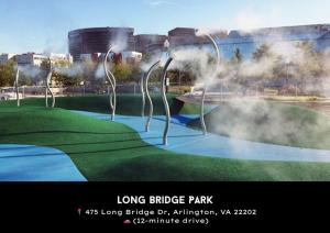 Una representación de un parque con un puente largo y una fuente. en Charming 4BR Retreat in Arlington Sleeps 12 NearDC, en Arlington