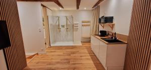a kitchen with a shower and a sink and a counter at La Cadurcienne "Love room" jacuzzi & pièce secrète Cahors centre historique in Cahors