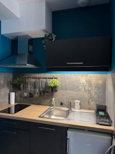 a kitchen with a sink and blue cabinets at CHINATOWN DREAM By MIMI in Dole +26 photos