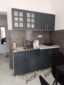 a kitchen with black cabinets and a sink at Chill family lux Svilajnac in Svilajnac