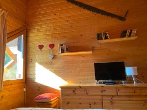a bedroom with a tv on a wooden wall at Appartements duplex dans chalet - Pléiades -, skis aux pieds avec clefs à disposition via agence -nous louons l'un et-ou l'autre des deux appartements de notre chalet quasiment identiques in Risoul +23 photos