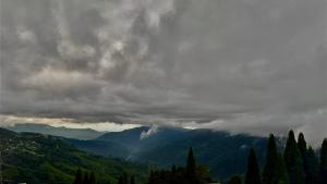 a view of a mountain range with clouds and trees at Pines and Beyond cottage in Simāna Basti