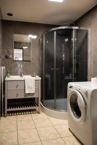 a bathroom with a washing machine and a shower at Ostoja Czersk Zamek Góra Kalwaria in Czersk
