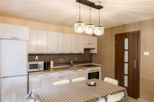 a kitchen with white cabinets and a table with chairs at Ostoja Czersk Zamek Góra Kalwaria in Czersk