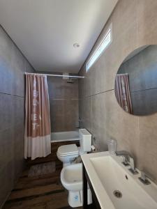 Un baño con inodoro, lavabo y espejo. en Apartment Belgrano, en Buenos Aires