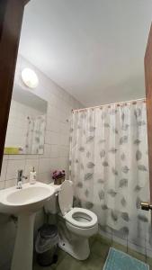 Un baño con lavabo, inodoro y cortina de ducha. en Apart Rayen, en Los Ángeles