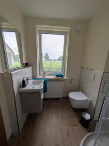 a bathroom with a sink and a toilet and a window at Ferienwohnung Seeling Weserbergland in Ottenstein +11 photos