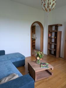a living room with a blue couch and a table at Ferienwohnung Seeling Weserbergland in Ottenstein
