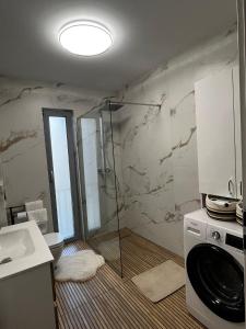 a bathroom with a shower with a glass door at Apartament central Blaj in Blaj +12 photos