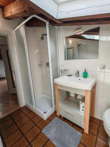 a bathroom with a sink and a shower at Sebino Holiday Home Monteisola in Monte Isola +67 photos
