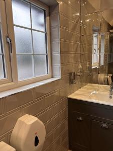 Un baño con inodoro, lavabo y ventana. en Double ground floor room - Leicester free parking and drinks, en Leicester