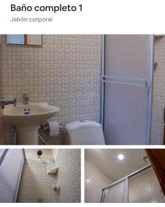 a bathroom with a shower and a toilet and a sink at Los primos 2 in Santa Marta