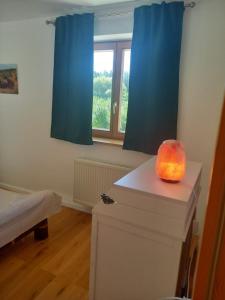 a room with a bed and a window with blue curtains at Idyllic apartment in Bavaria, near Munich, Freising, Erding 