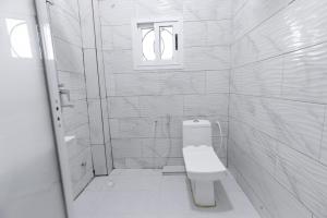 Un baño blanco con inodoro y ventana. en Serenity Apartments, en Old Yundum 1 foto más