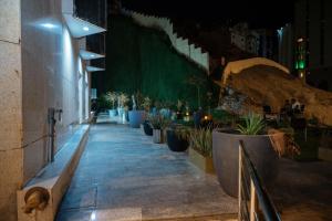 a row of potted plants on a sidewalk at night at Samama Almaqam Ajyad Hotel Makkah in Mecca
