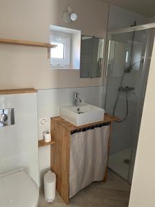 a bathroom with a sink and a shower and a toilet at Cottage 50m de la plage in Châtelaillon-Plage