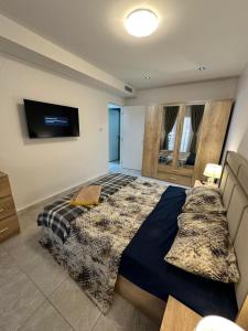 a bedroom with a large bed and a flat screen tv at residence nid d'abeille in Bejaïa