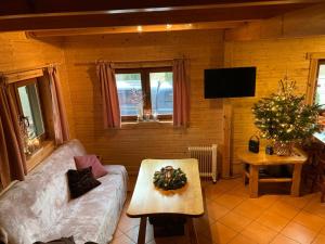 a living room with a couch and a table at Bałtycka Oaza in Debina
