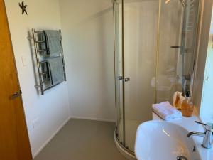 a bathroom with a shower and a sink at Forty9 Steps in Russell +46 photos