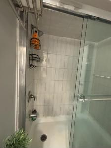 a bathroom with a shower with a glass door at Fully Furnished 2 Bedroom Apartment in Kitchener +26 photos