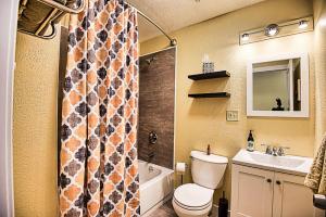a bathroom with a toilet and a shower curtain at New Listing 3bd Woodsy Vibe in Leadville in Leadville