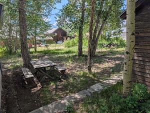 a picnic table and a bench in the woods at Rustic & Cozy 1BR one block from Main Street in Leadville