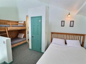 een slaapkamer met 2 stapelbedden en een groene deur bij 2 Bed Cabin Fireplace Lodgepole Pines in Leadville