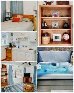 a collage of four pictures of a room with a tub at Cottage Apartment by Lake MI w private Hot Tub! 