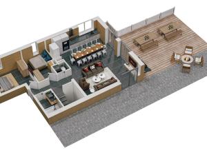 a rendering of a floor plan of a restaurant at Chalet d'exception 14 pers, proche pistes, parking, wifi - FR-1-267-317 in Le Corbier