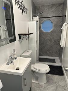 a bathroom with a toilet and a sink and a shower at Hibiscus Retreat fully equipped guest studio in Fayetteville +14 photos