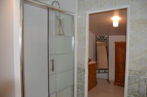 a walk in shower in a bathroom with a glass door at La Vieille Distillerie in Le Tâtre +34 photos