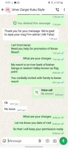a screenshot of a text message about karma at Keran resort in Keran