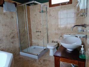 a bathroom with a shower and a toilet and a sink at La Quebrada Enigmatica in Tilcara +29 photos